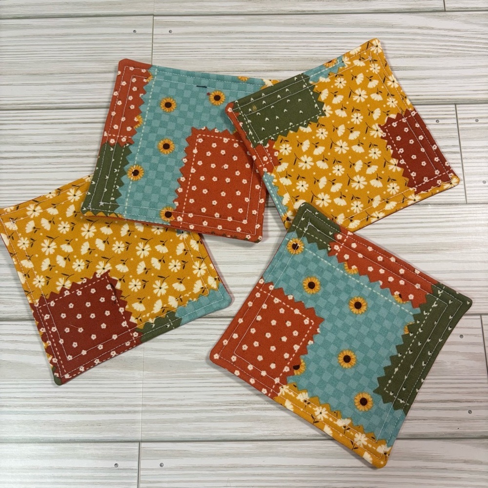Handmade Fall Patchwork Reusable Washable Fabric Coaster Set - Picture 3 of 4